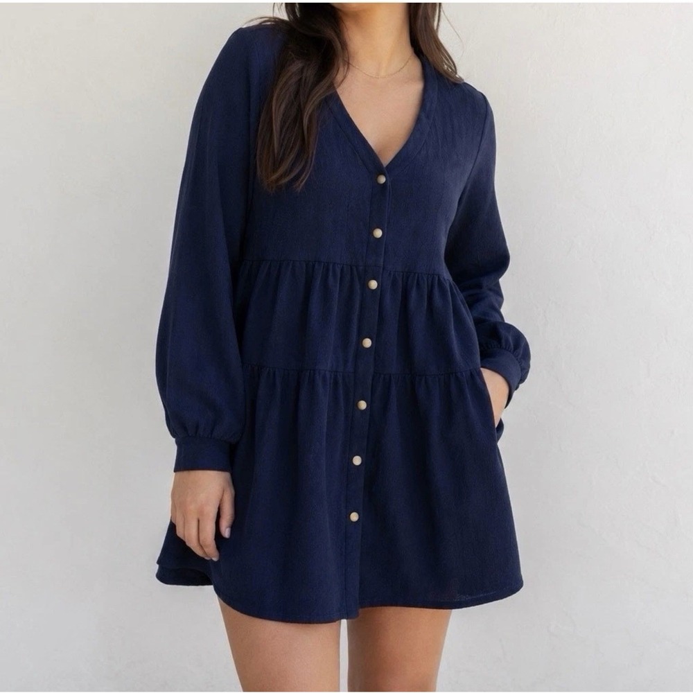 Sundays We Are Sundays Navy Babydoll Mini Dress XS Coastal Academia Quilted Tier